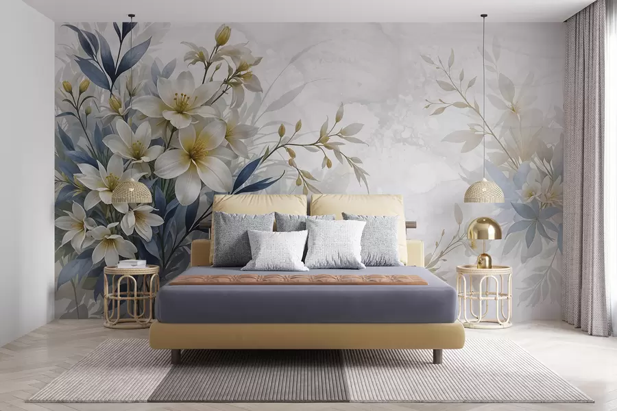 Fototapet Vit, beige och blå blombukett med skira blad på en mjuk, suddig bakgrund w08314