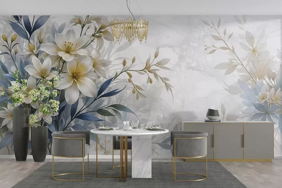 Fototapet Vit, beige och blå blombukett med skira blad på en mjuk, suddig bakgrund w08314