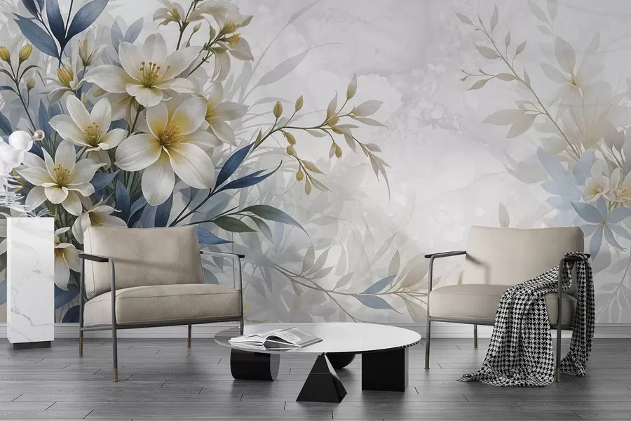 Fototapet Vit, beige och blå blombukett med skira blad på en mjuk, suddig bakgrund w08314