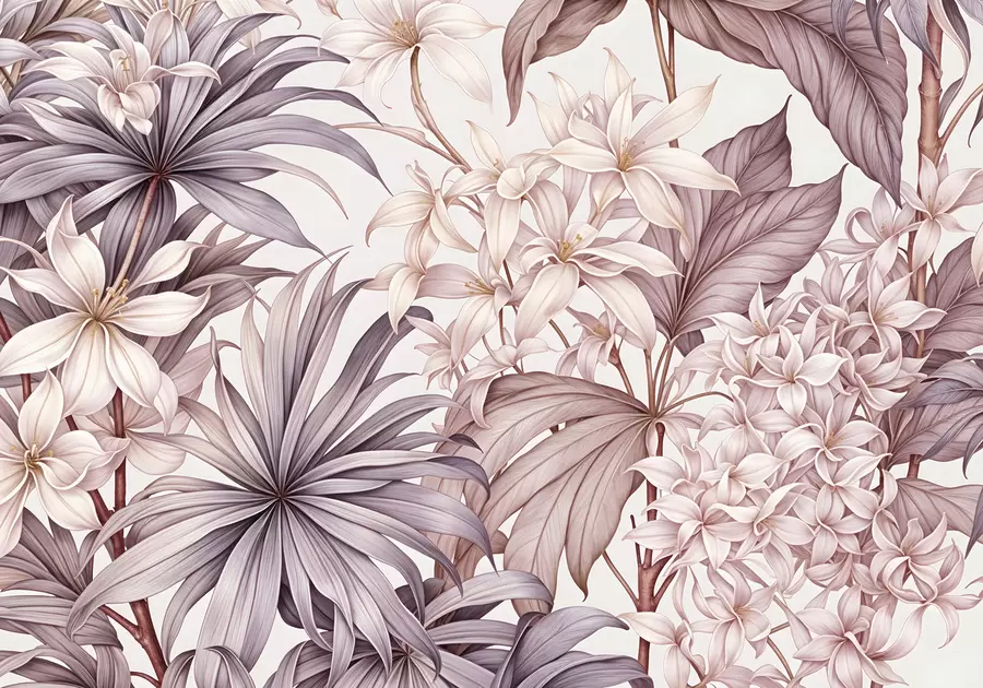 Fototapet Ett tropiskt blomstertryck med stora vita och ljusrosa blommor, blad av bordo och en neutral bakgrund w08318v1