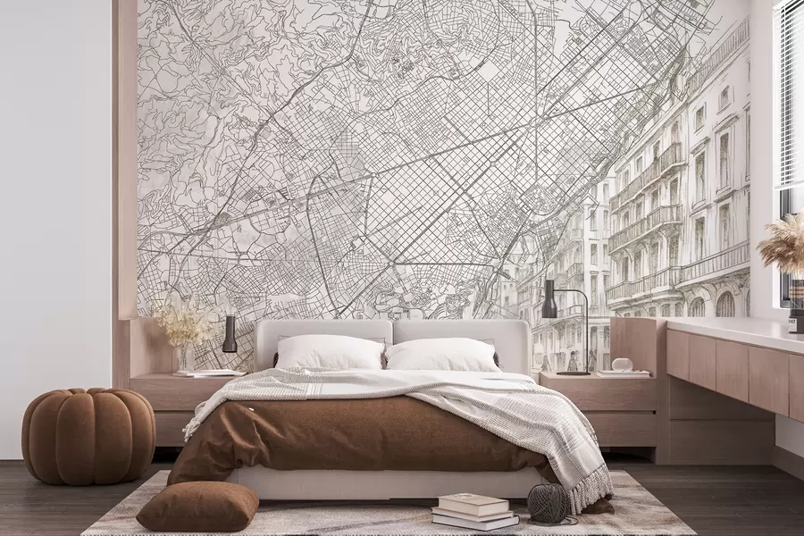 Fototapet Barcelona stadskarta, linjeteckning, arkitektur, Spanien, beige färger w01695
