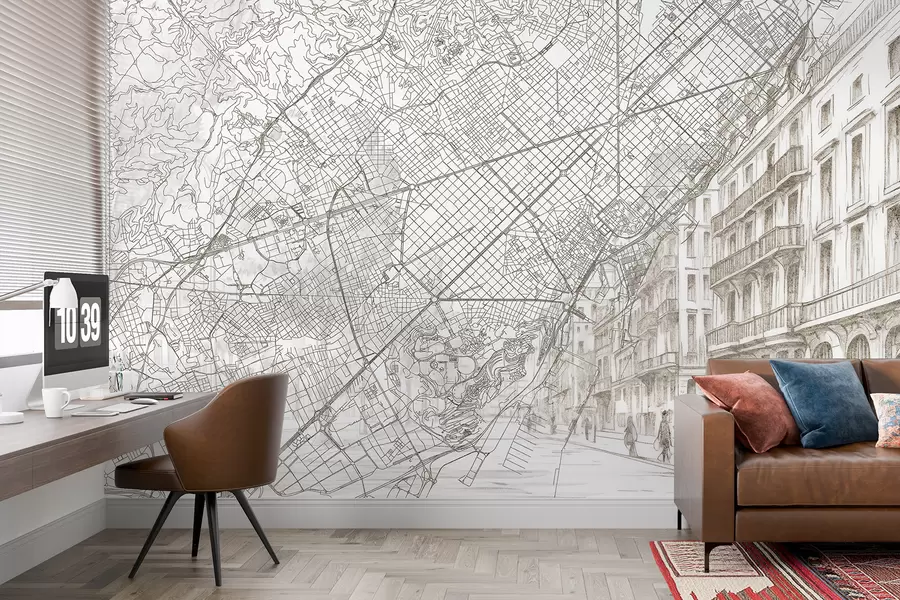 Fototapet Barcelona stadskarta, linjeteckning, arkitektur, Spanien, beige färger w01695