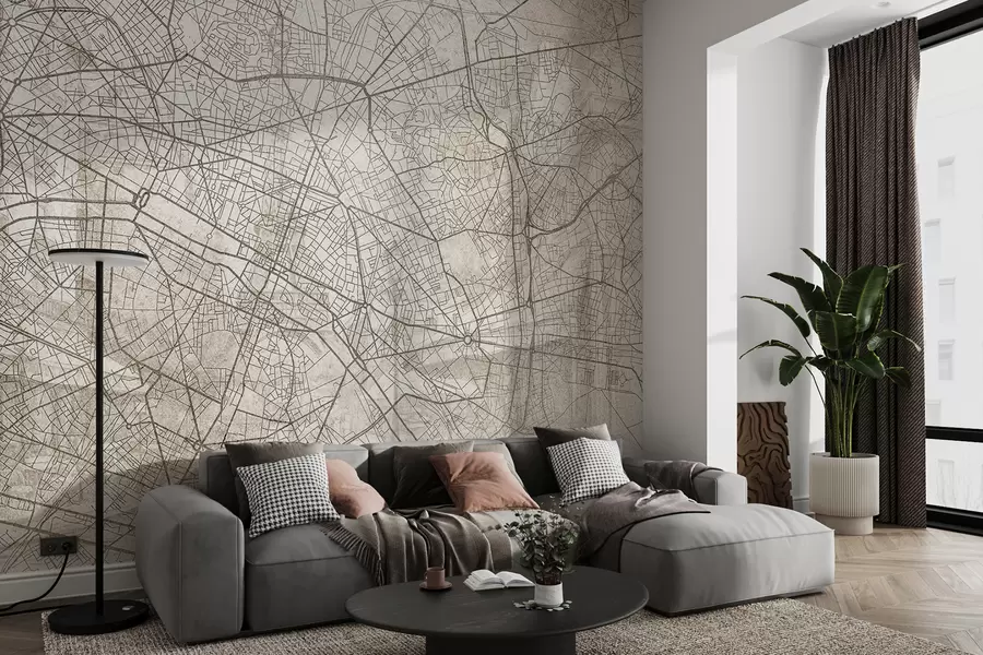 Fototapet Paris stadskarta, linjeteckning, arkitektur, Frankrike, beige färger w01697