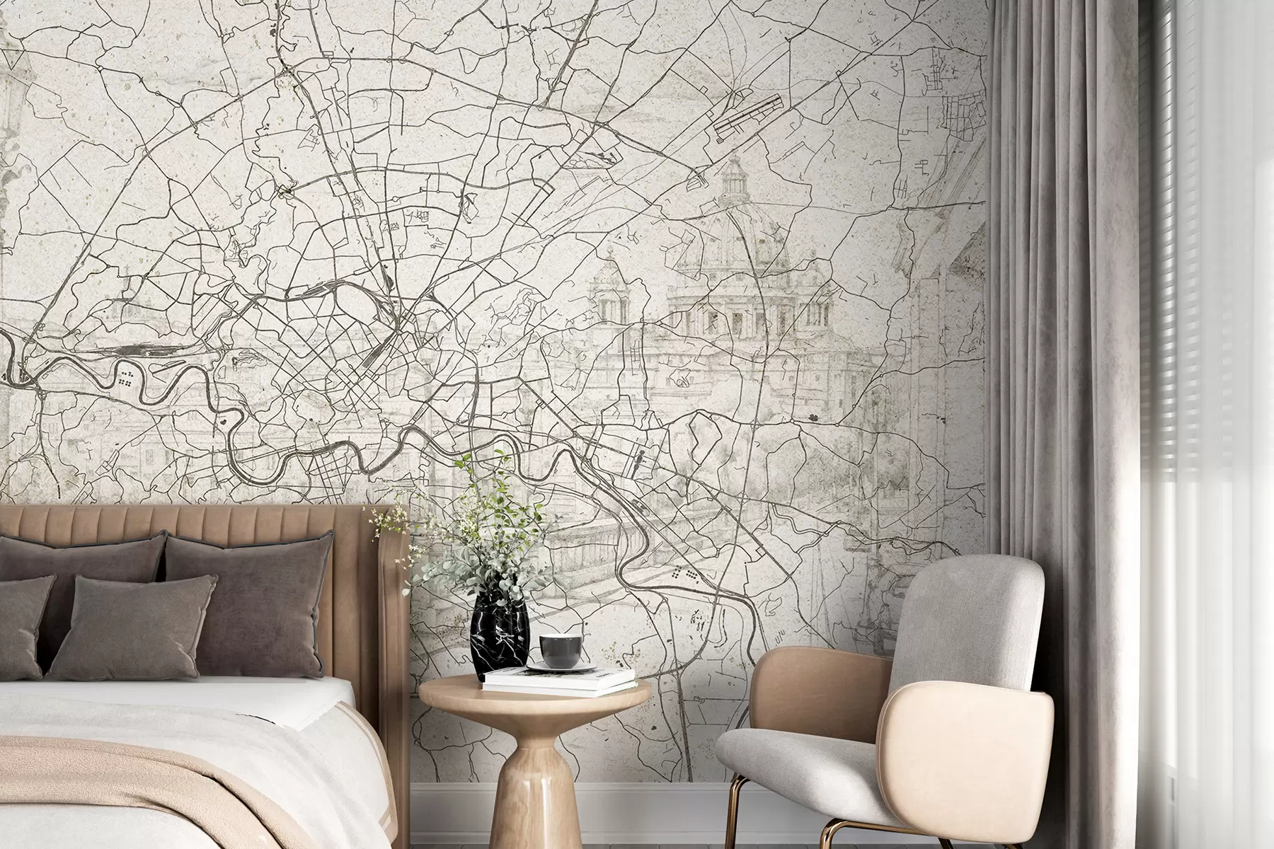 Fototapet Rom stadskarta, linjeteckning, arkitektur, Italien, beige färger w01698