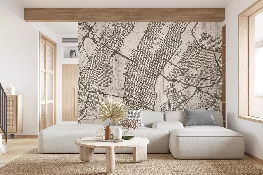 Fototapet New York stadskarta, linjeteckning, arkitektur, beige färger w01699