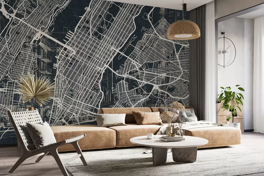 Fototapet New York stadskarta, linjeteckning, arkitektur, mörka färger w01699v1