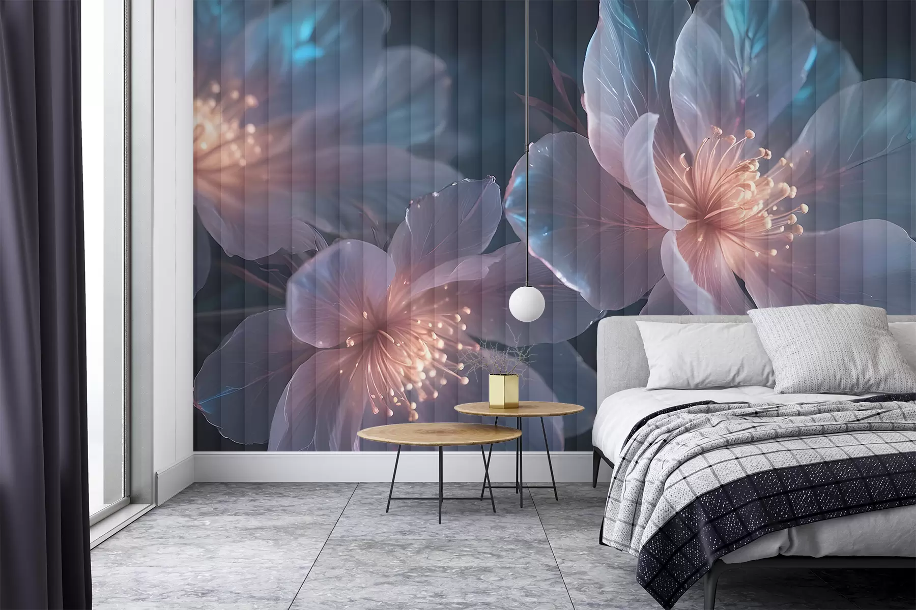 Fototapet Delikata rosa och blå transparenta blommor med mjuka, suddiga kronblad och glödande centrum mot en mörk bakgrund w08329