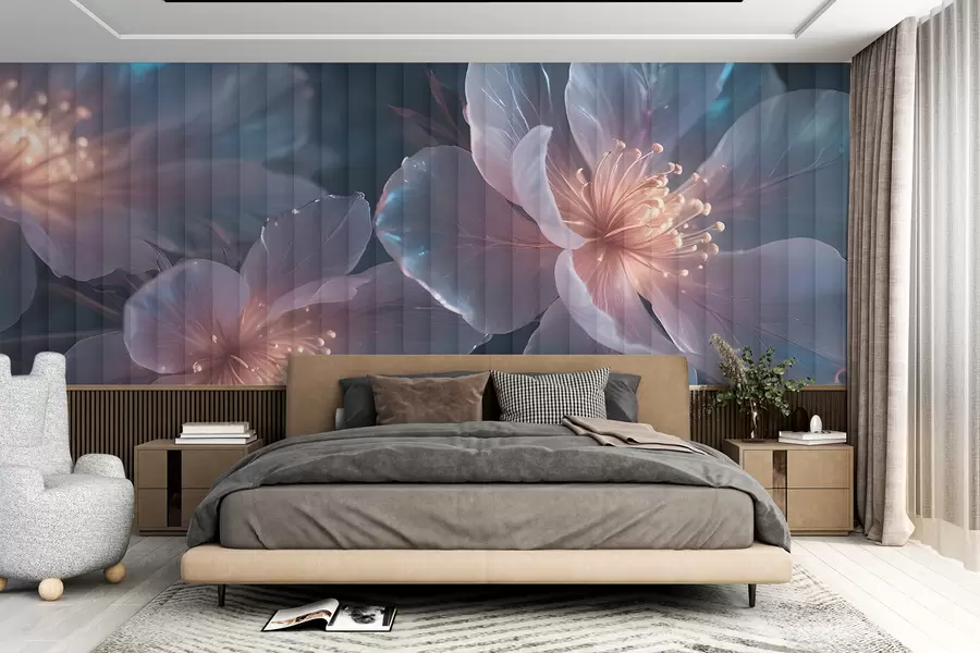 Fototapet Delikata rosa och blå transparenta blommor med mjuka, suddiga kronblad och glödande centrum mot en mörk bakgrund w08329