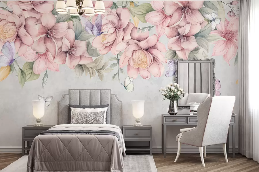 Fototapet Mjuka rosa och vita blommor med skira blommor och blad på strukturerad grå bakgrund w08331