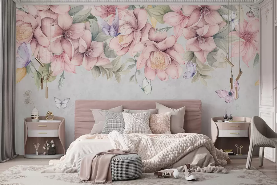 Fototapet Mjuka rosa och vita blommor med skira blommor och blad på strukturerad grå bakgrund w08331