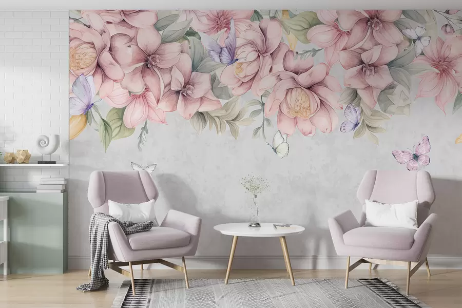 Fototapet Mjuka rosa och vita blommor med skira blommor och blad på strukturerad grå bakgrund w08331