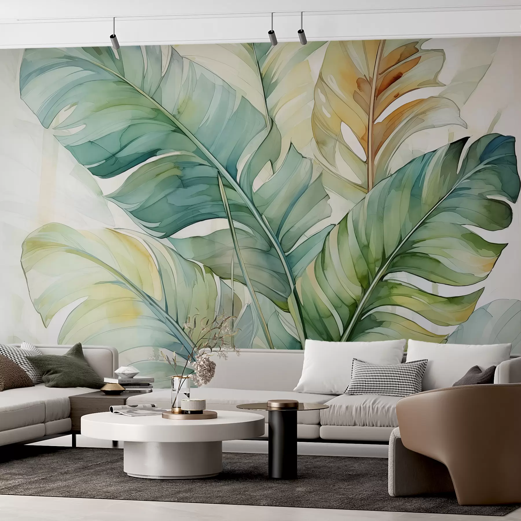 Fototapet Tropisk banan palmblad våt akvarell w01775