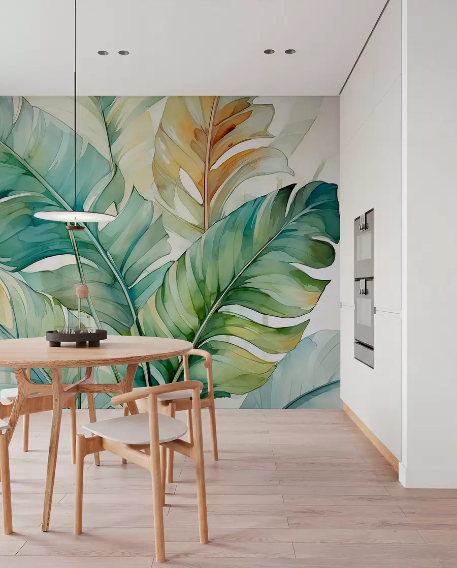 Fototapet Tropisk banan palmblad våt akvarell w01775