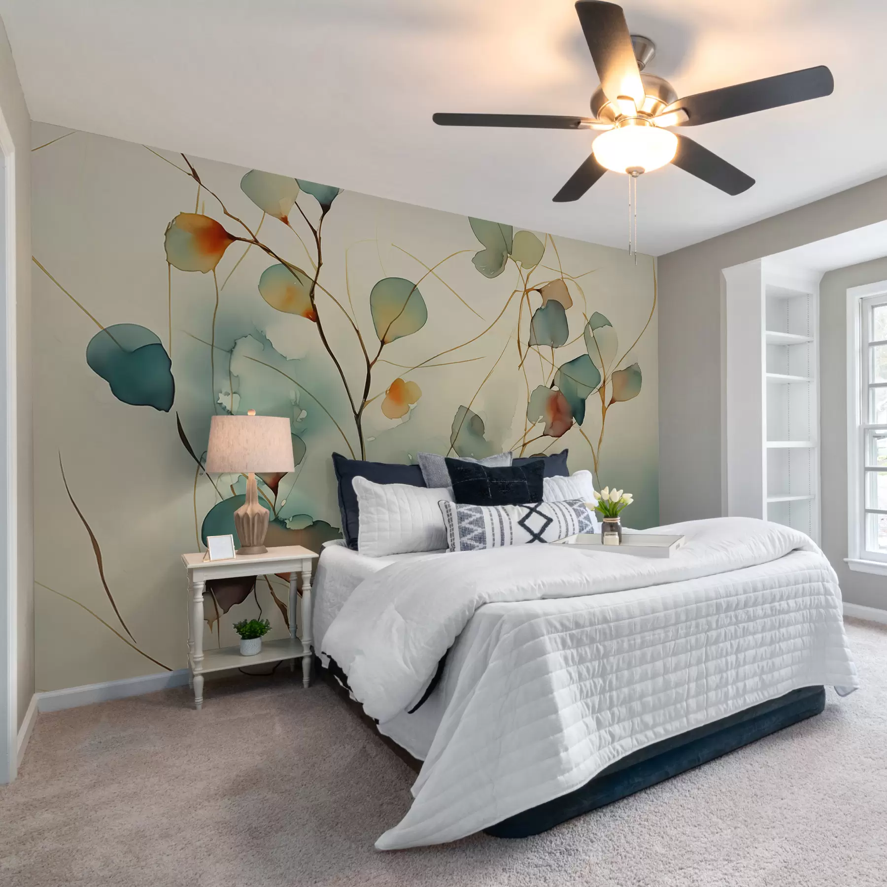 Fototapet Abstrakta grenar med blad suddig våt akvarell w01779