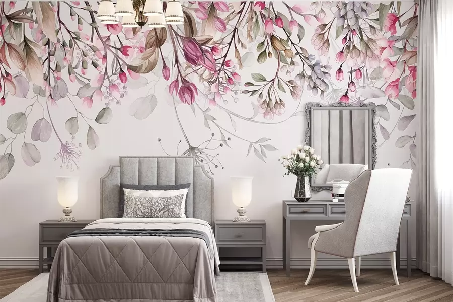 Fototapet Fina rosa och vita blomgrenar med blad och kronblad, på pastellgrå bakgrund w08347