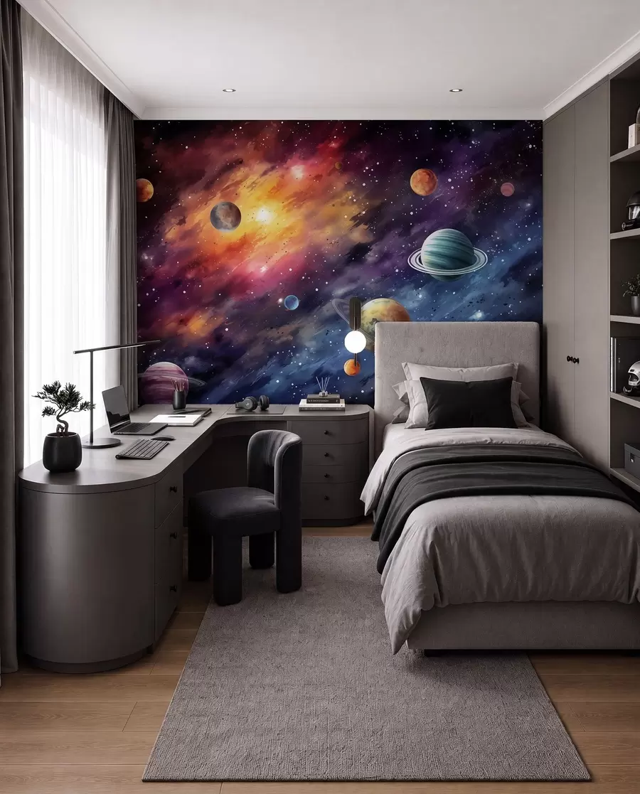 Fototapet Rymd med planeter och stjärnor, akvarell, kosmisk w01798