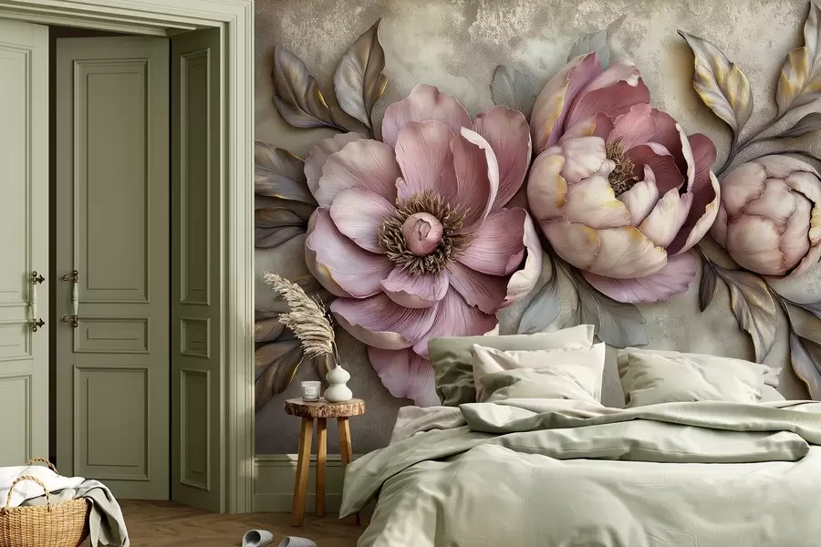 Fototapet Blommiga lila pioner med blad och kronblad i dämpade pastellfärger, vintagestil w01825