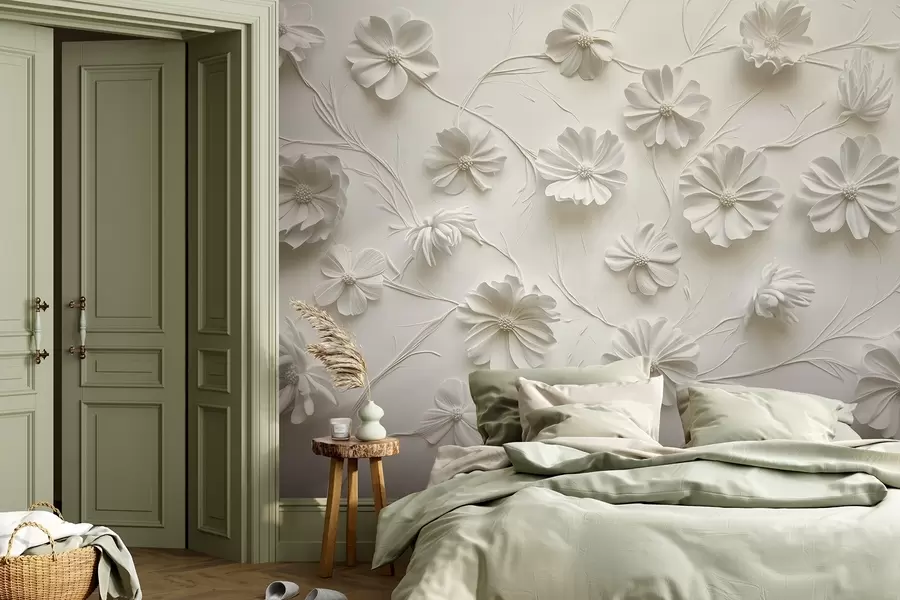 Fototapet Vit reliefkomposition av blommor i en minimalistisk och sofistikerad stil w01828
