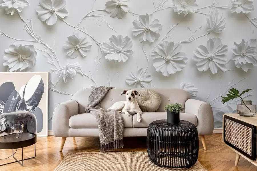 Fototapet Vit reliefkomposition av blommor i en minimalistisk och sofistikerad stil w01828