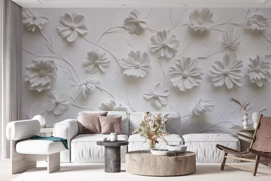 Fototapet Vit reliefkomposition av blommor i en minimalistisk och sofistikerad stil w01828