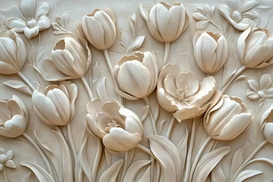 Fototapet 3D-blomsterkonst med graciösa tulpaner i beige färg w01851