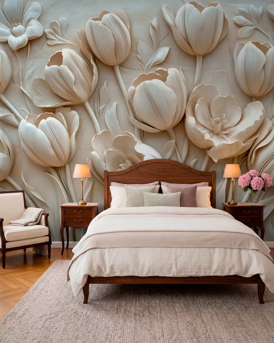 Fototapet 3D-blomsterkonst med graciösa tulpaner i beige färg w01851