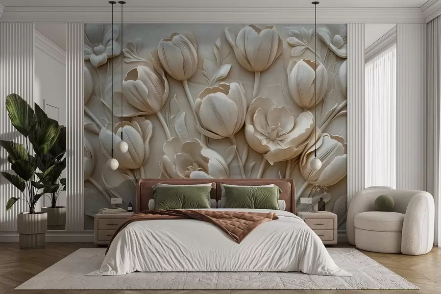 Fototapet 3D-blomsterkonst med graciösa tulpaner i beige färg w01851