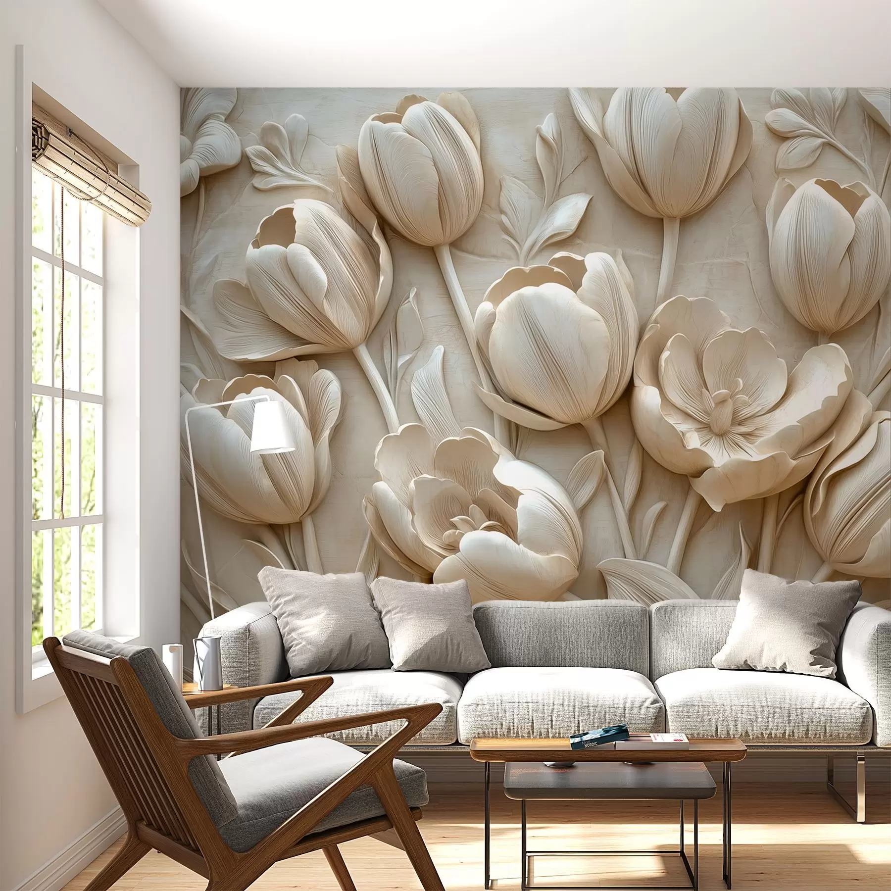 Fototapet 3D-blomsterkonst med graciösa tulpaner i beige färg w01851
