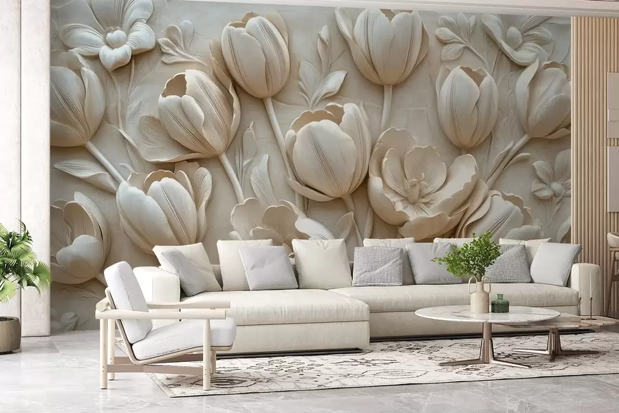 Fototapet 3D-blomsterkonst med graciösa tulpaner i beige färg w01851