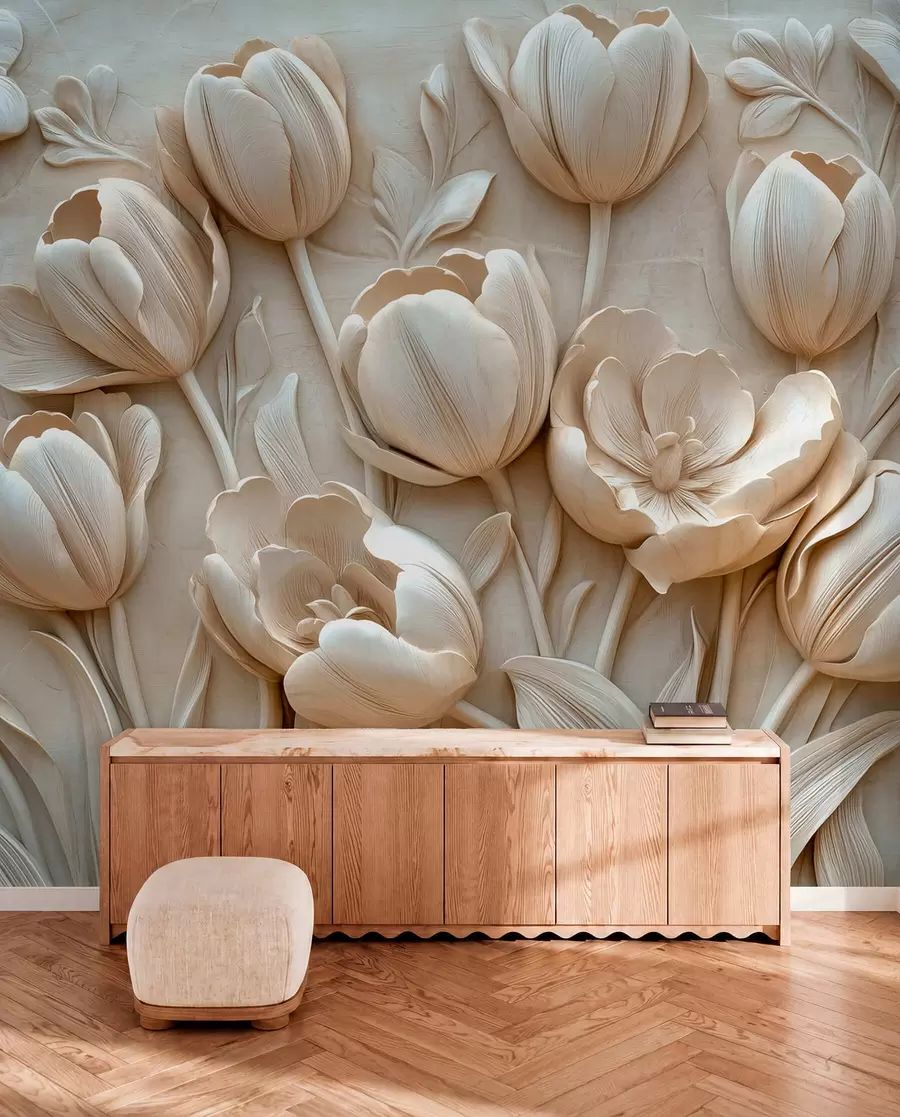 Fototapet 3D-blomsterkonst med graciösa tulpaner i beige färg w01851