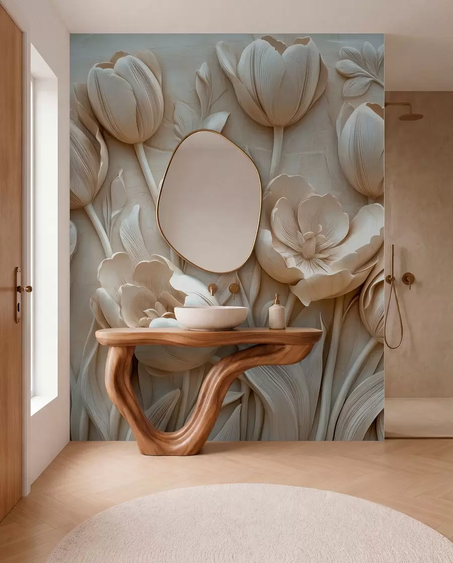 Fototapet 3D-blomsterkonst med graciösa tulpaner i beige färg w01851
