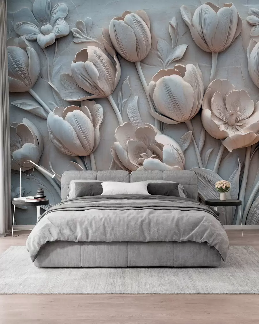 Fototapet 3D-blomsterkonst med graciösa tulpaner i grå färg w01851v1