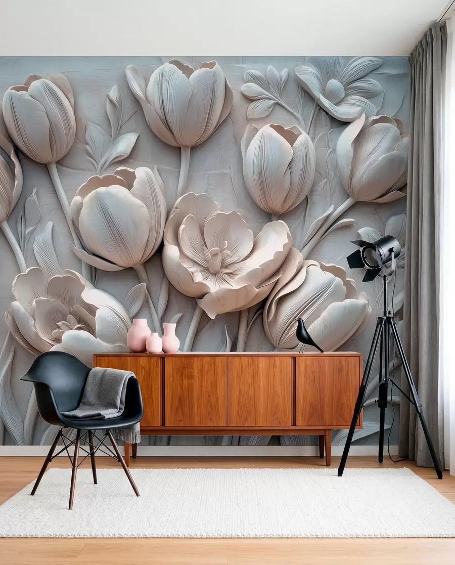Fototapet 3D-blomsterkonst med graciösa tulpaner i grå färg w01851v1