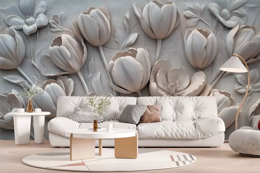 Fototapet 3D-blomsterkonst med graciösa tulpaner i grå färg w01851v1
