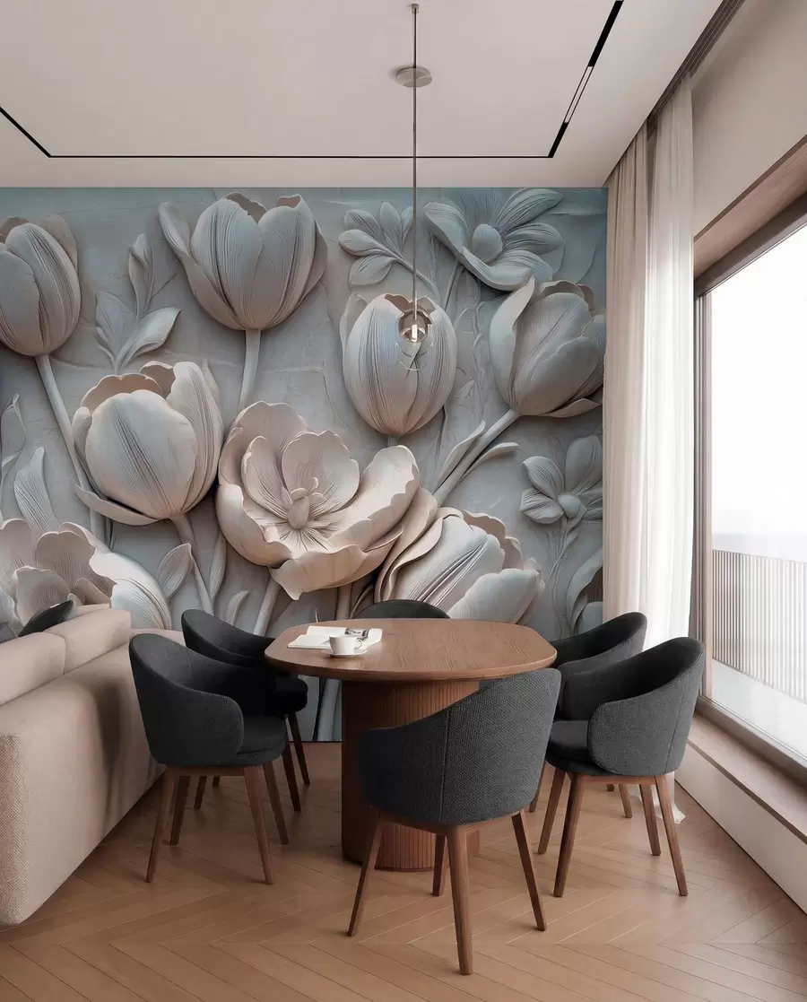 Fototapet 3D-blomsterkonst med graciösa tulpaner i grå färg w01851v1