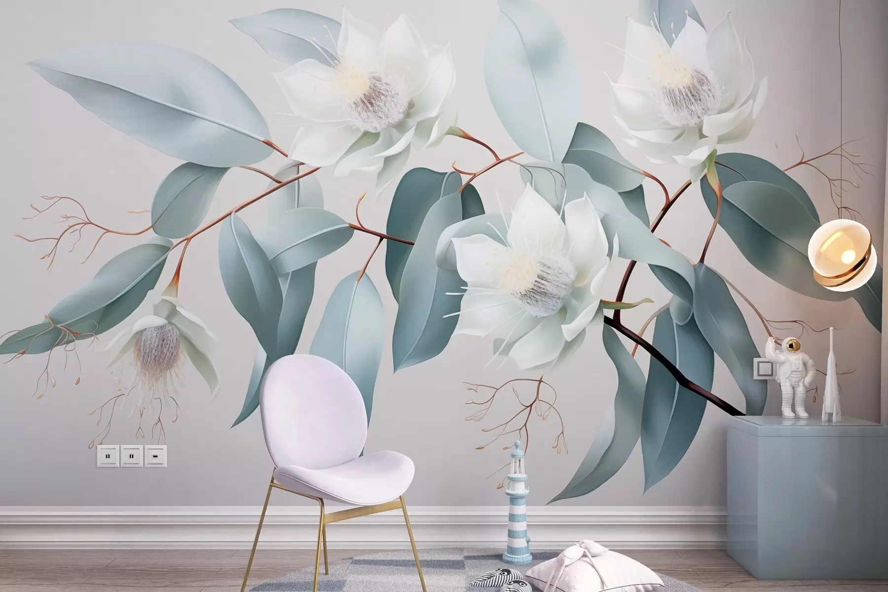 Fototapet Jasminblommor på gren, akryl, mjuka grå färger w01885