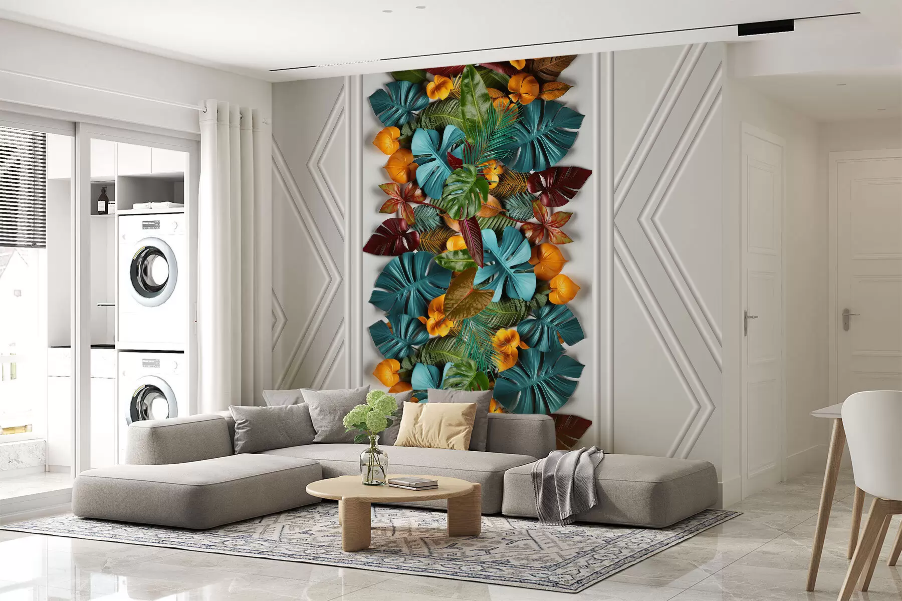 Fototapet 3D-tapet med färgglada tropiska blad och geometri på en grå bakgrund w01876