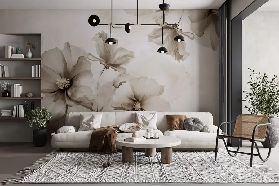 Fototapet Luftiga genomskinliga beige blommor som löses upp i morgonljuset w01938v1