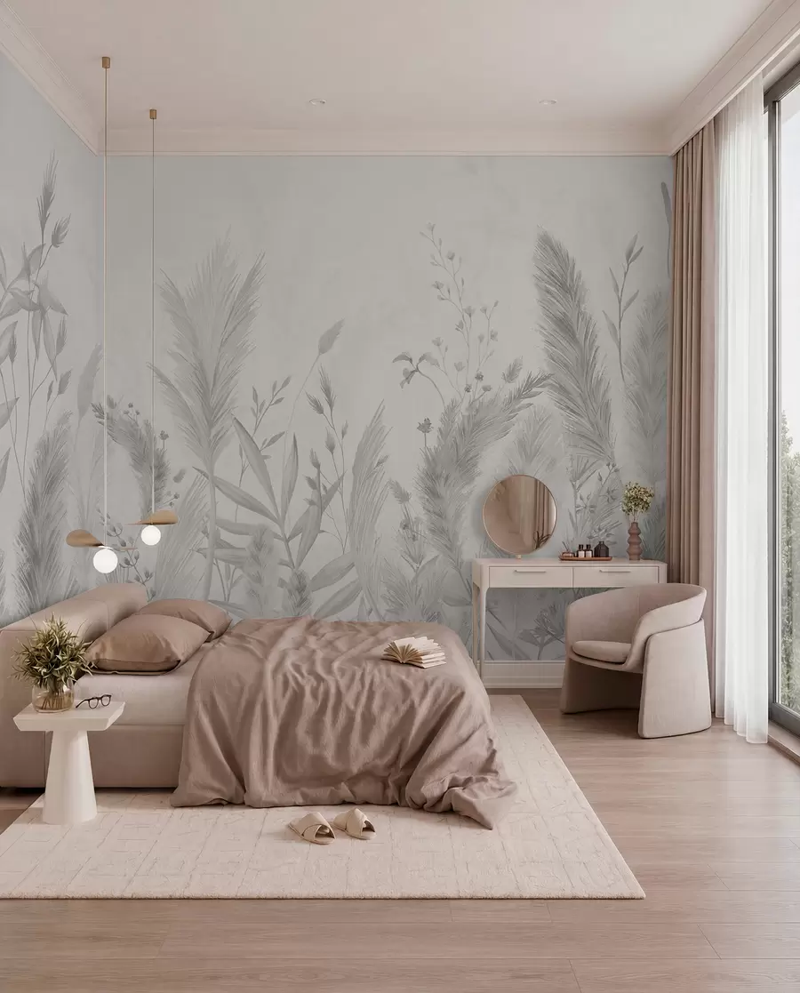 Fototapet Höga fältgräs och blommor i neutrala färger w02004