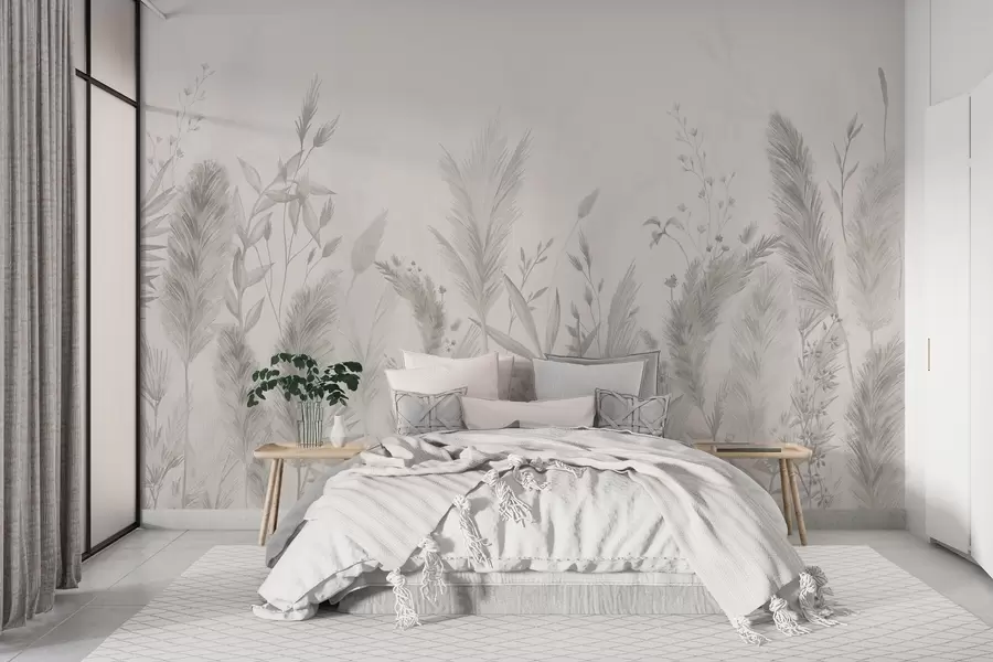 Fototapet Höga fältgräs och blommor i neutrala färger w02004