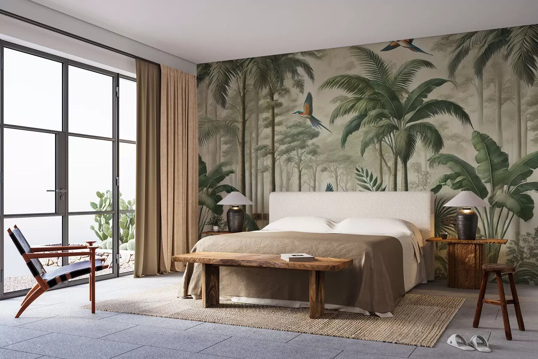 Fototapet Panorama med tropiskt landskap och fåglar w01957