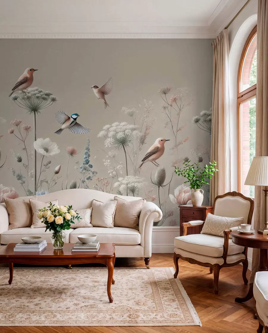 Fototapet Fina vildblommor med fåglar på en beige bakgrund w01958