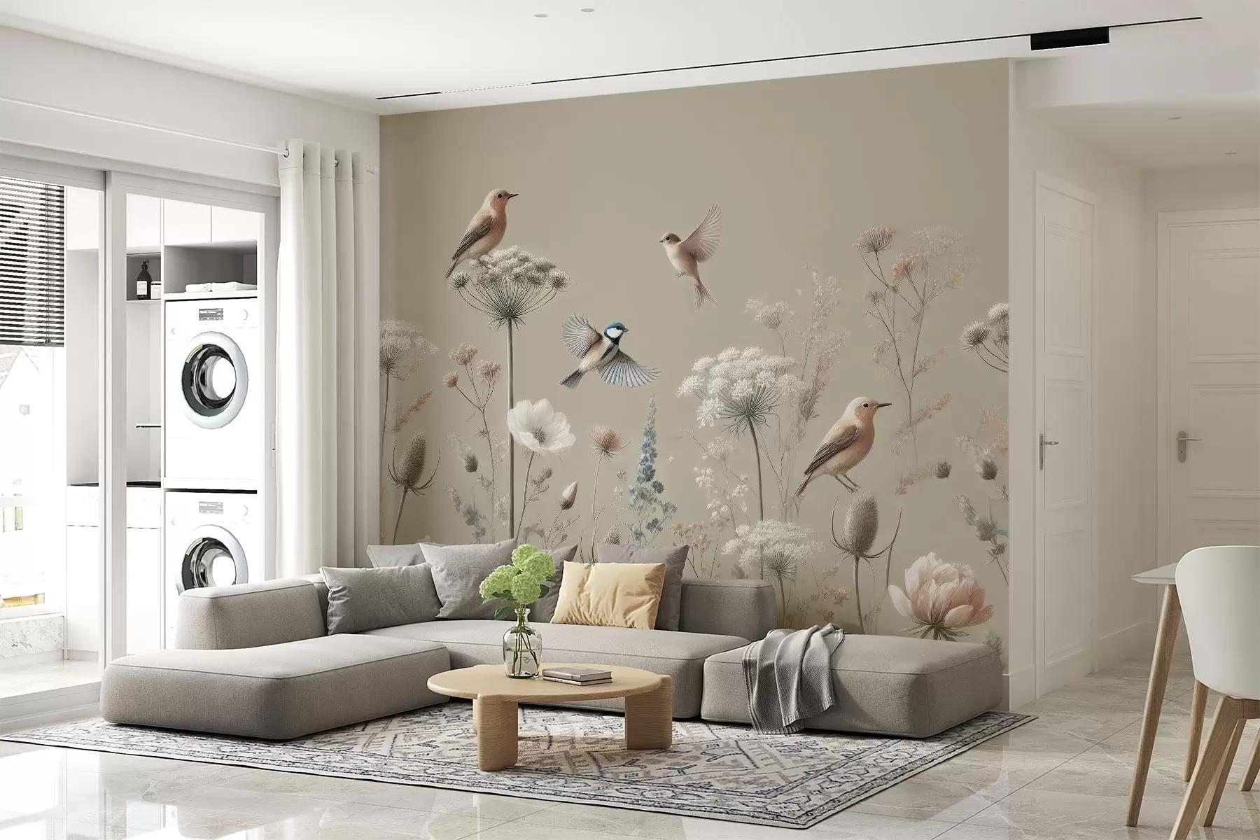 Fototapet Fina vildblommor med fåglar på en beige bakgrund w01958