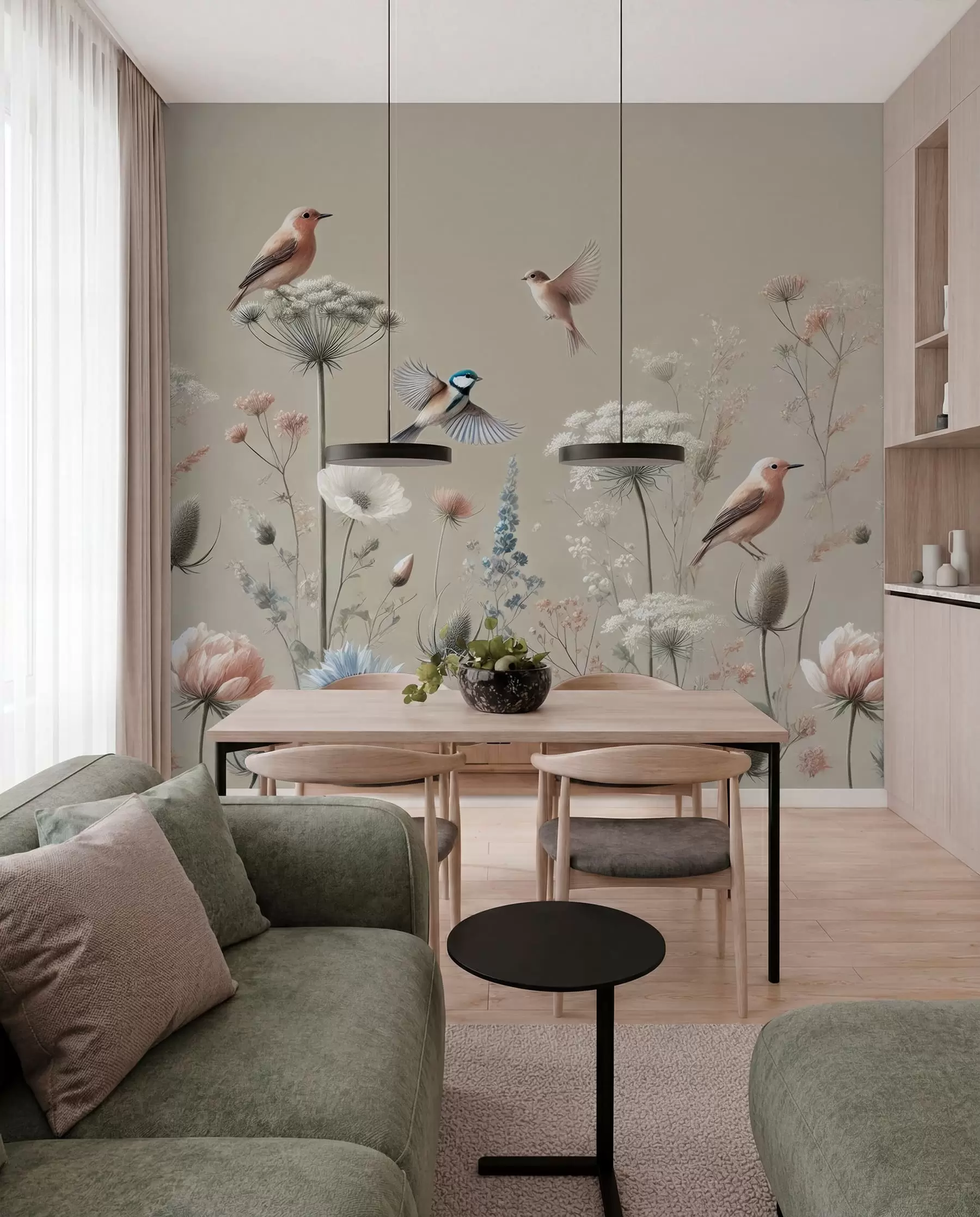 Fototapet Fina vildblommor med fåglar på en beige bakgrund w01958