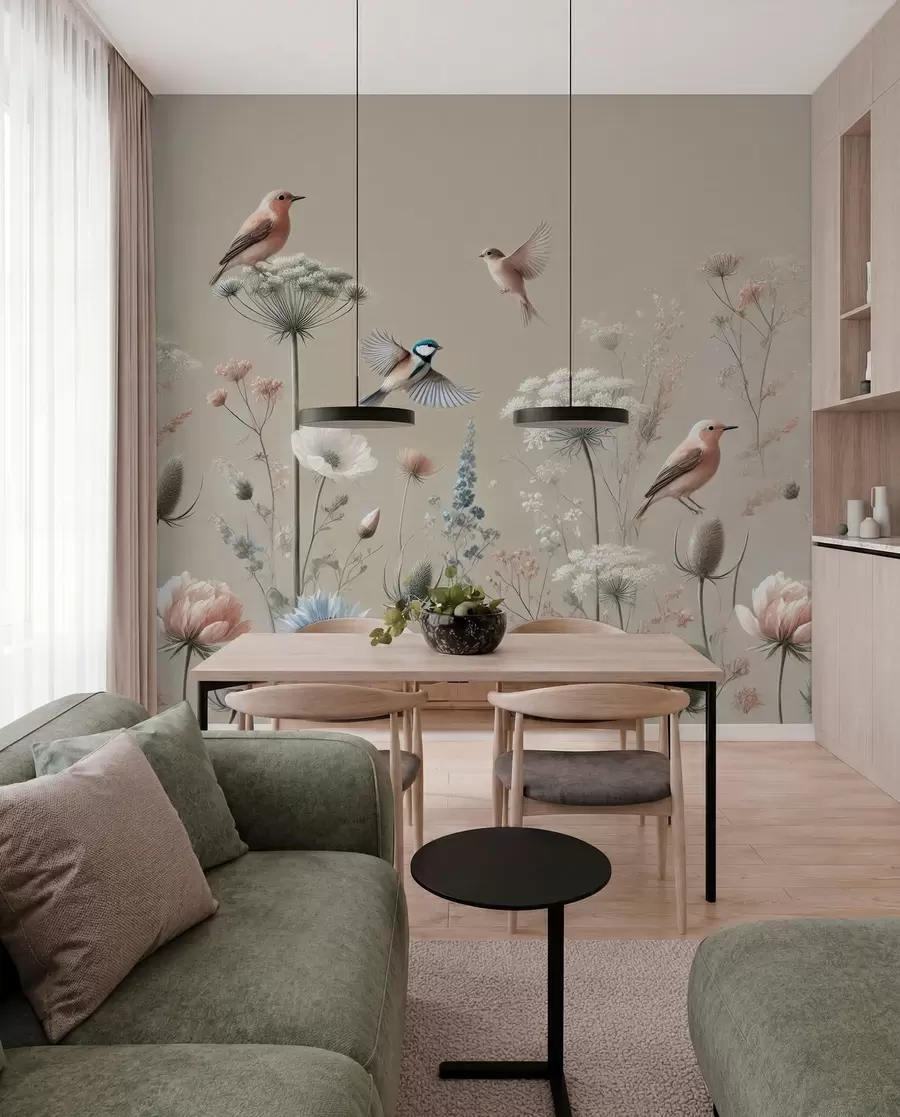Fototapet Fina vildblommor med fåglar på en beige bakgrund w01958