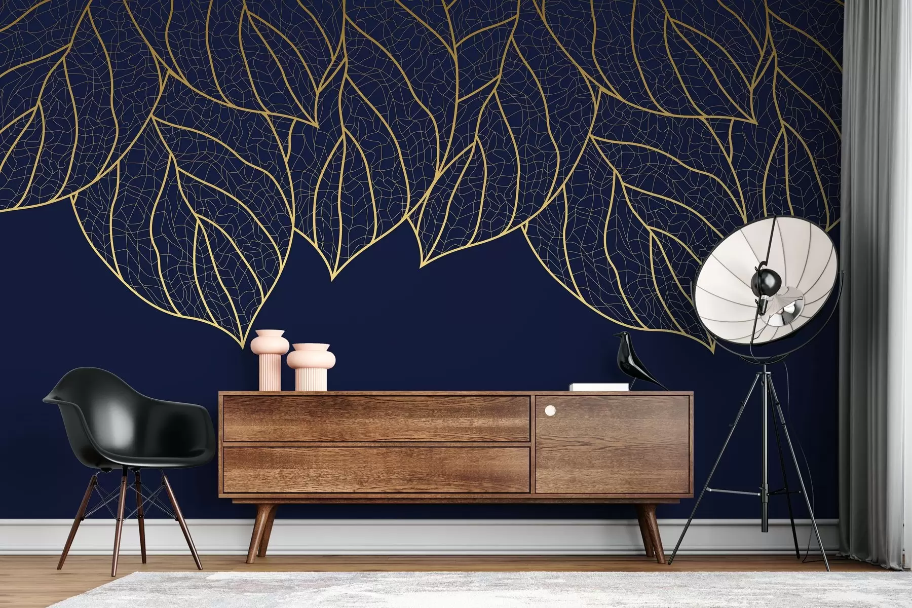 Fototapet Minimalistisk tapet med silhuetter av stora gula blad med ådror på en blå bakgrund  w01960v3