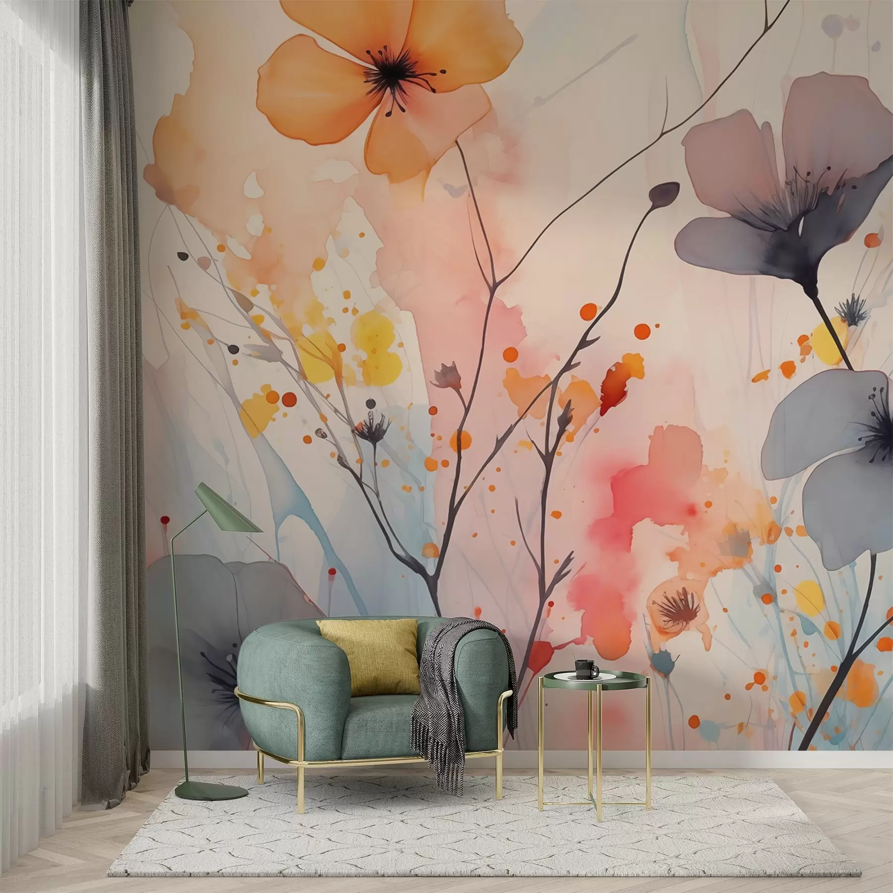 Fototapet Abstrakt ljusa blommor och grenar med stänk av färg våt akvarell w02049