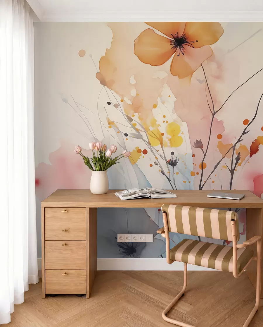 Fototapet Abstrakt ljusa blommor och grenar med stänk av färg våt akvarell w02049