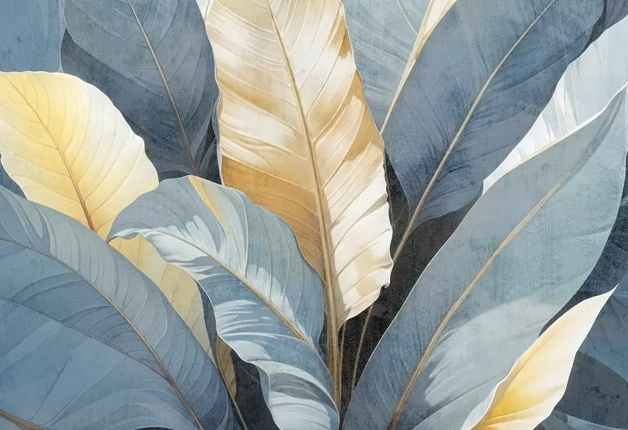 Fototapet En närbild av stora frodiga, strukturerade dekorativa tropiska blad i nyanser av blått, grönt och gult w08373