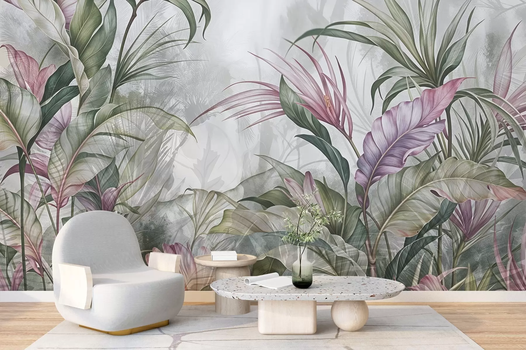 Fototapet Tropisk djungel med stora gröna blad och rosa proteablommor med suddig texturerad bakgrund w08375